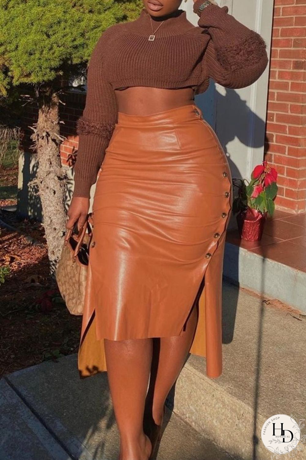 Brown Drawstring sleeveless high patchwork solid bandage split a-line skirt capri pants