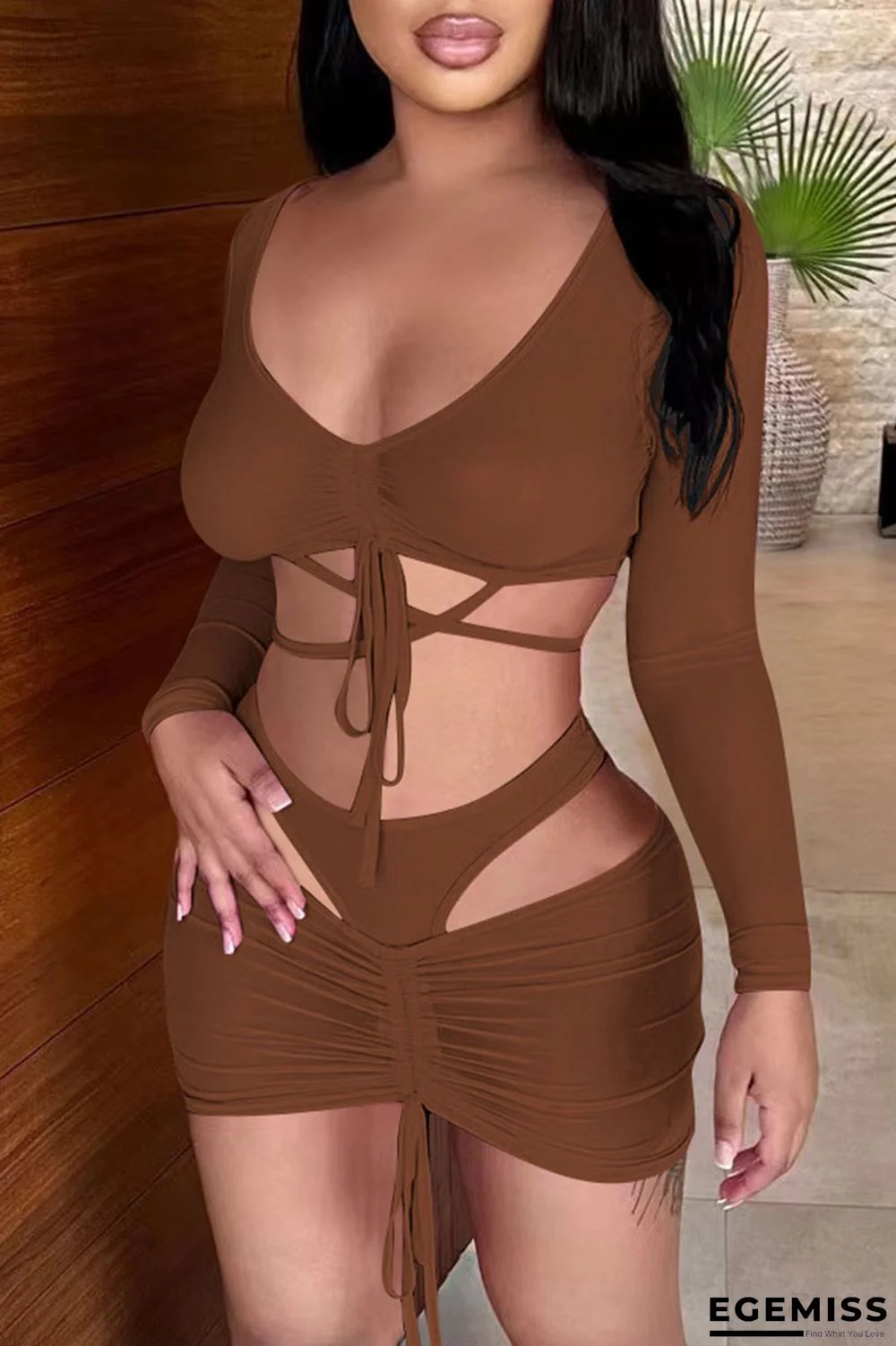 Brown Fashion Sexy Solid Bandage V Neck Long Sleeve Two Pieces | EGEMISS