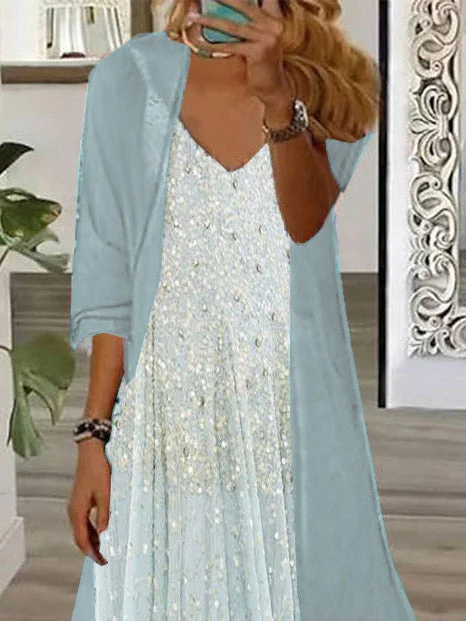 Women Half Sleeve V-neck Solid Color Dress