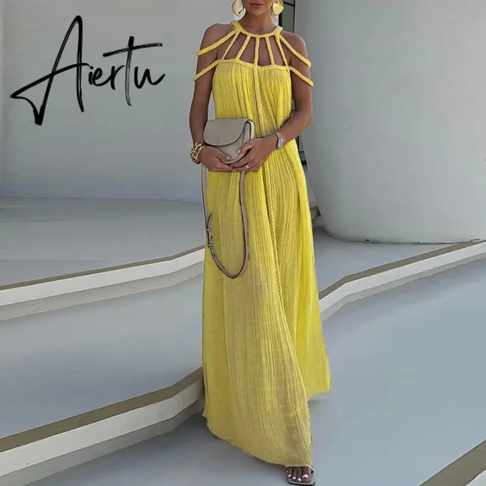 Aiertu Sexy Solid Color Hollow Out Long Dress Elegant Sleeveless Drawstring INS Holiday Dress Summer Fashion Backless Beach Loose Dress Aiertu