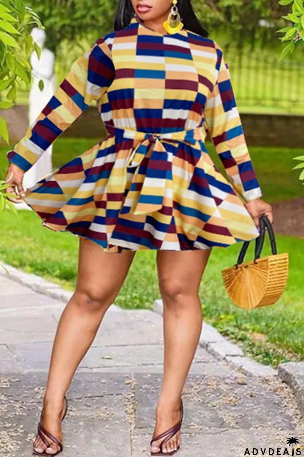 Yellow Fashion Casual Plus Size Print Basic O Neck Long Sleeve Dresses