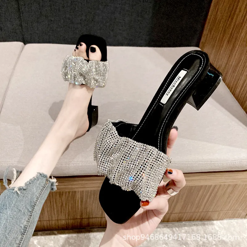 Breakj Breakj Drill Cool Slippers Women Wear 2023 Summer New Fashion Word Drag In The Toe And Coarse Woman Drag