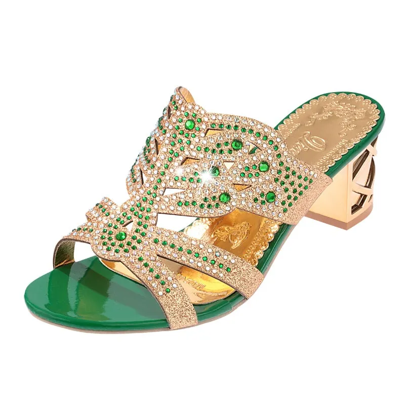 Lucyever 2020 Summer Women's Rhinestones Slippers Slides Fashion Thick High Heels Gladiator Sandals Beach Flip Flops Shoes Woman