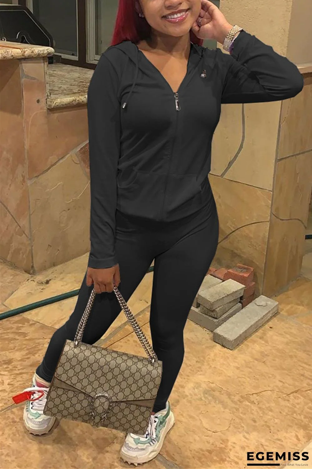 Black Fashion Casual Solid Basic Hooded Collar Long Sleeve Two Pieces | EGEMISS