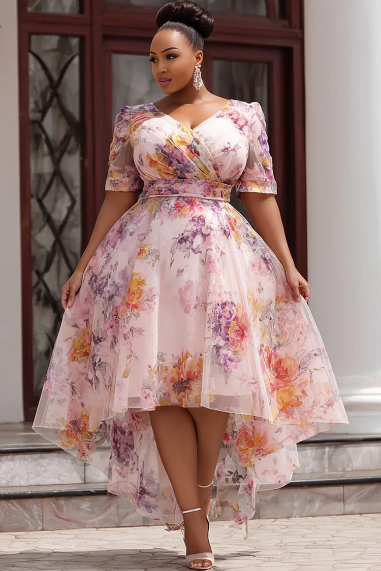 Xpluswear Design Plus Size Wedding Guest Pink Floral Wrap Neck Short Sleeve High Low Hem Chiffon Midi Dresses 2024 - Xpluswear