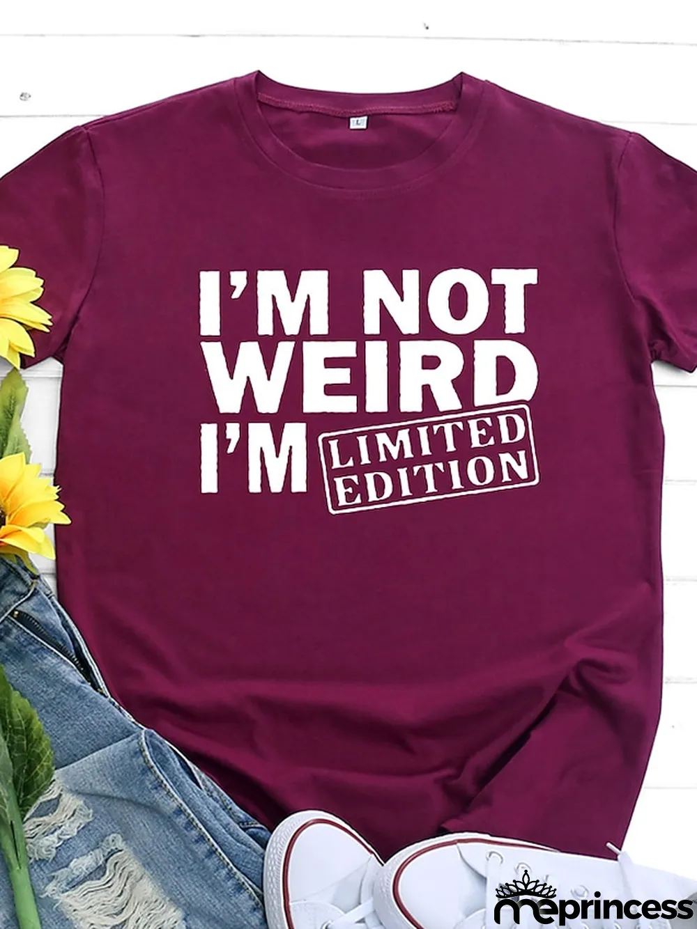 Women's T shirt Tee Burgundy\u00a0Tee 100% Cotton Graphic Letter Text Daily Weekend Black White Yellow Print Short Sleeve Basic Round Neck