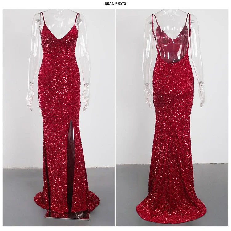 Promsstyle Promsstyle Backless glittering sequins deep slit maxi slip dress Prom Dress 2023