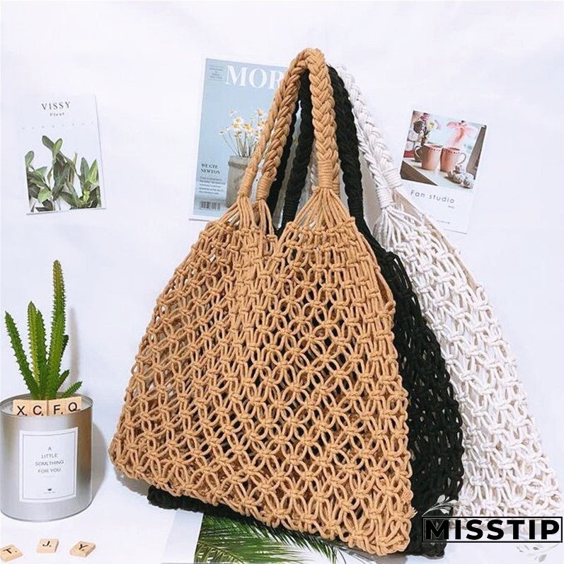 Paziye Shoulder Woven Bag Handbag Handmade Cotton Rope Net Bag Beach Bag