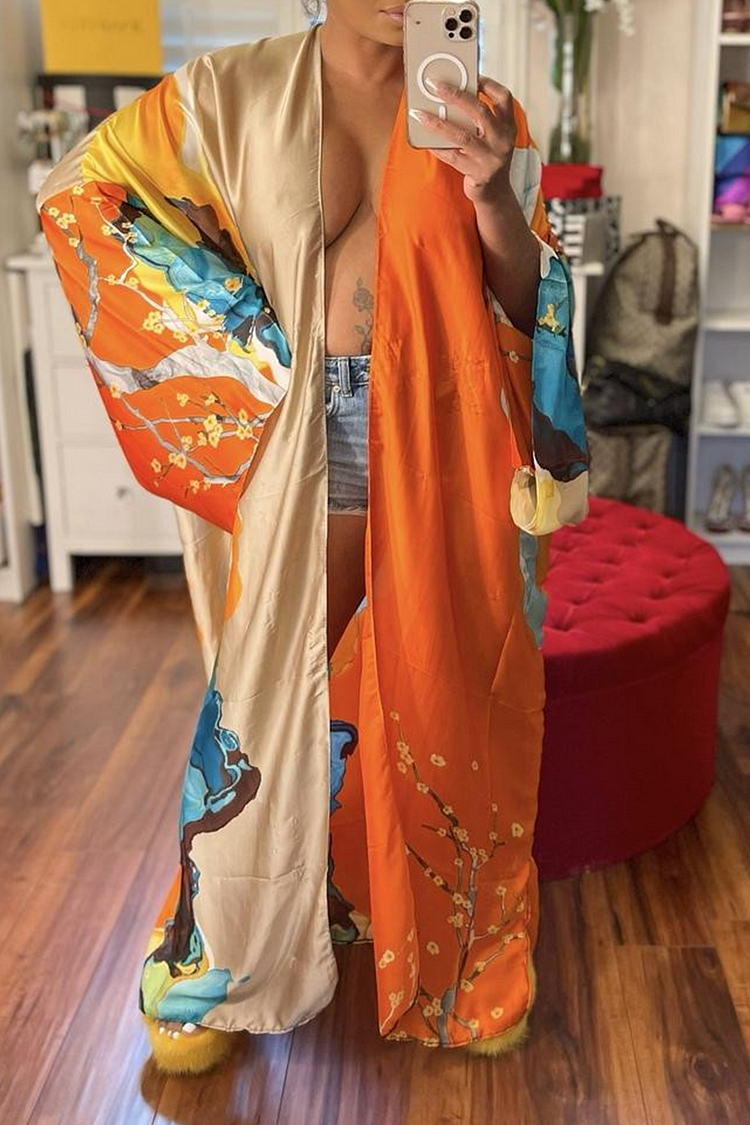 Orange Apricot Fashion Print Patchwork Cardigan Collar Outerwear(Without belt)