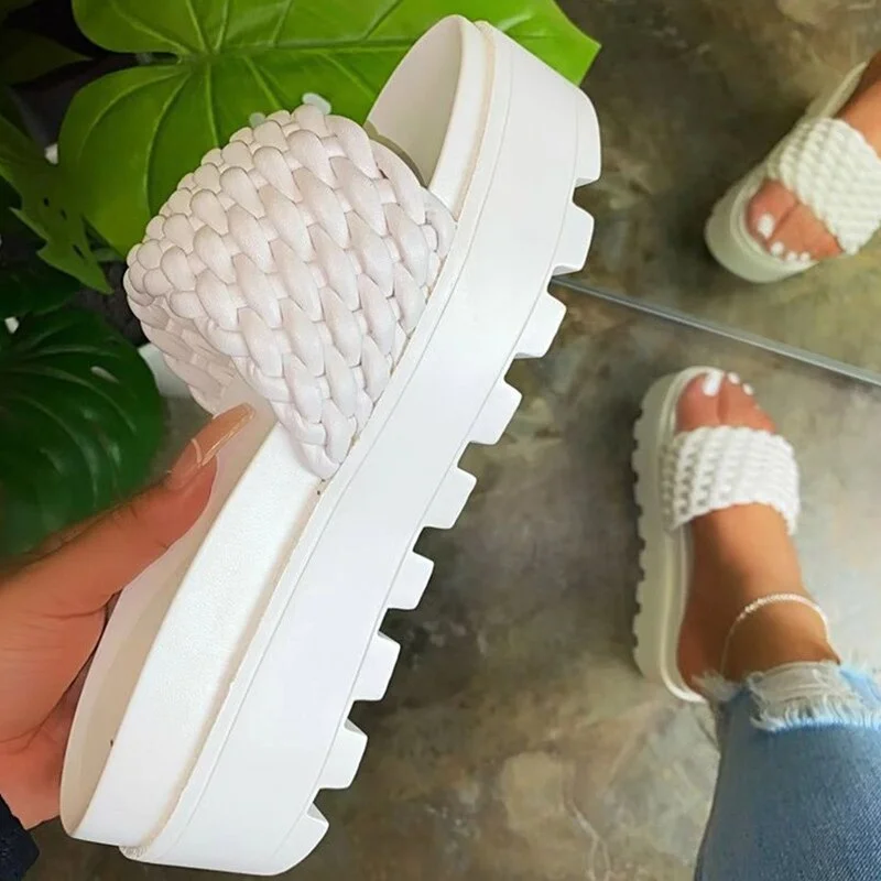 Women's Slippers Platform Flat Ladies Shoes Summer Weaved PU Leather Fashion Female Slides 2021 New Thick Bottom Woman Footwear