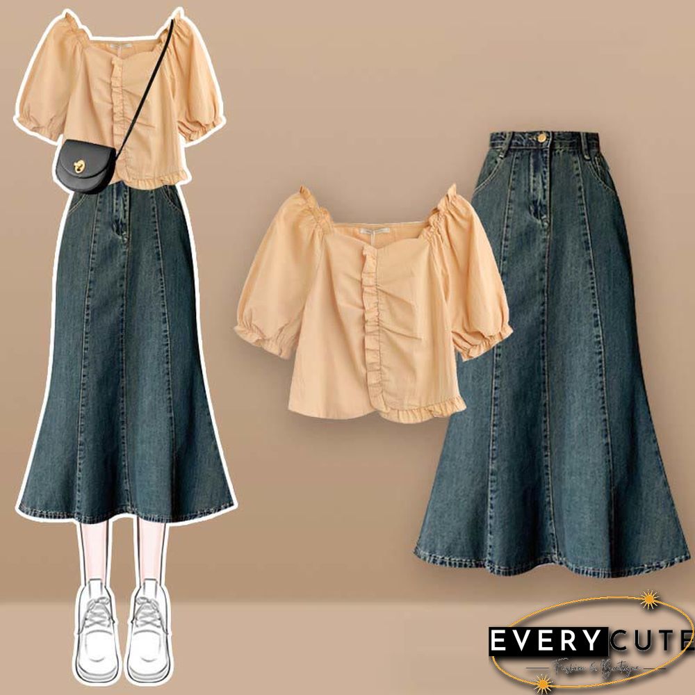 Bow Knot Butterfly Tulle Crop Top T-Shirt Fishtail Denim Skirt Two Pieces Set