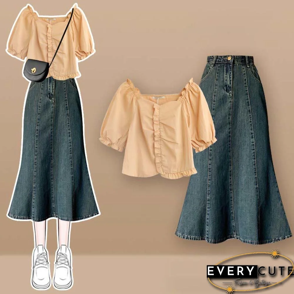Bow Knot Butterfly Tulle Crop Top T-Shirt Fishtail Denim Skirt Two Pieces Set
