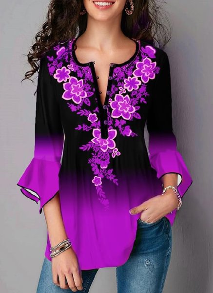 New Fashion Ladys Lotus Leaf Sleeve Pullover Tops Spring Floral Print Blouses Loose V Neck T-shirts Plus SizeS-5XL - BlackFridayBuys