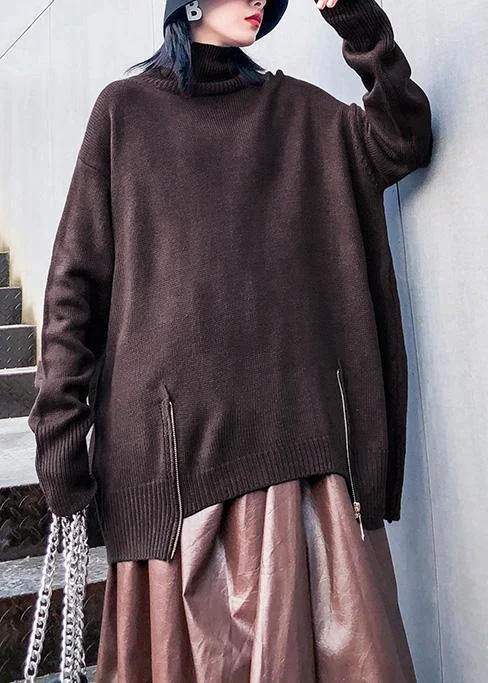Women high neck chocolate knitted blouse plus size asymmetric hem box top