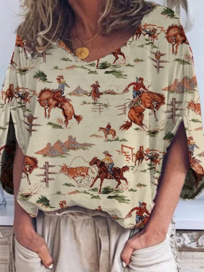 Women's Western Cowboys Printed V-Neck Open 3/4 Sleeve T-Shirt