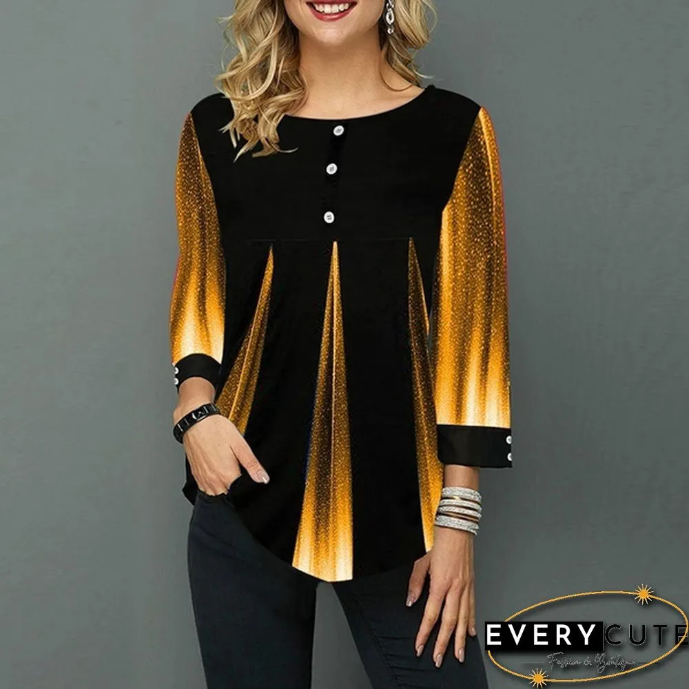 Loose Casual Womens Fashion Trend Autumn Long Sleeve Round-neck Button Shirt