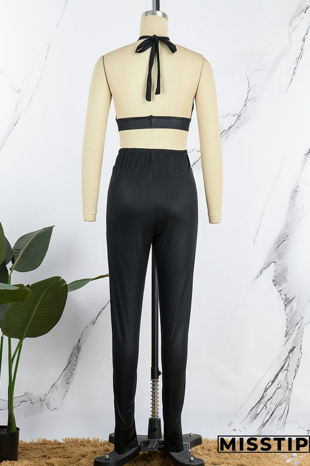 Olive Green Sexy Patchwork Hollowed Out Backless Contrast Halter Sleeveless Two Pieces