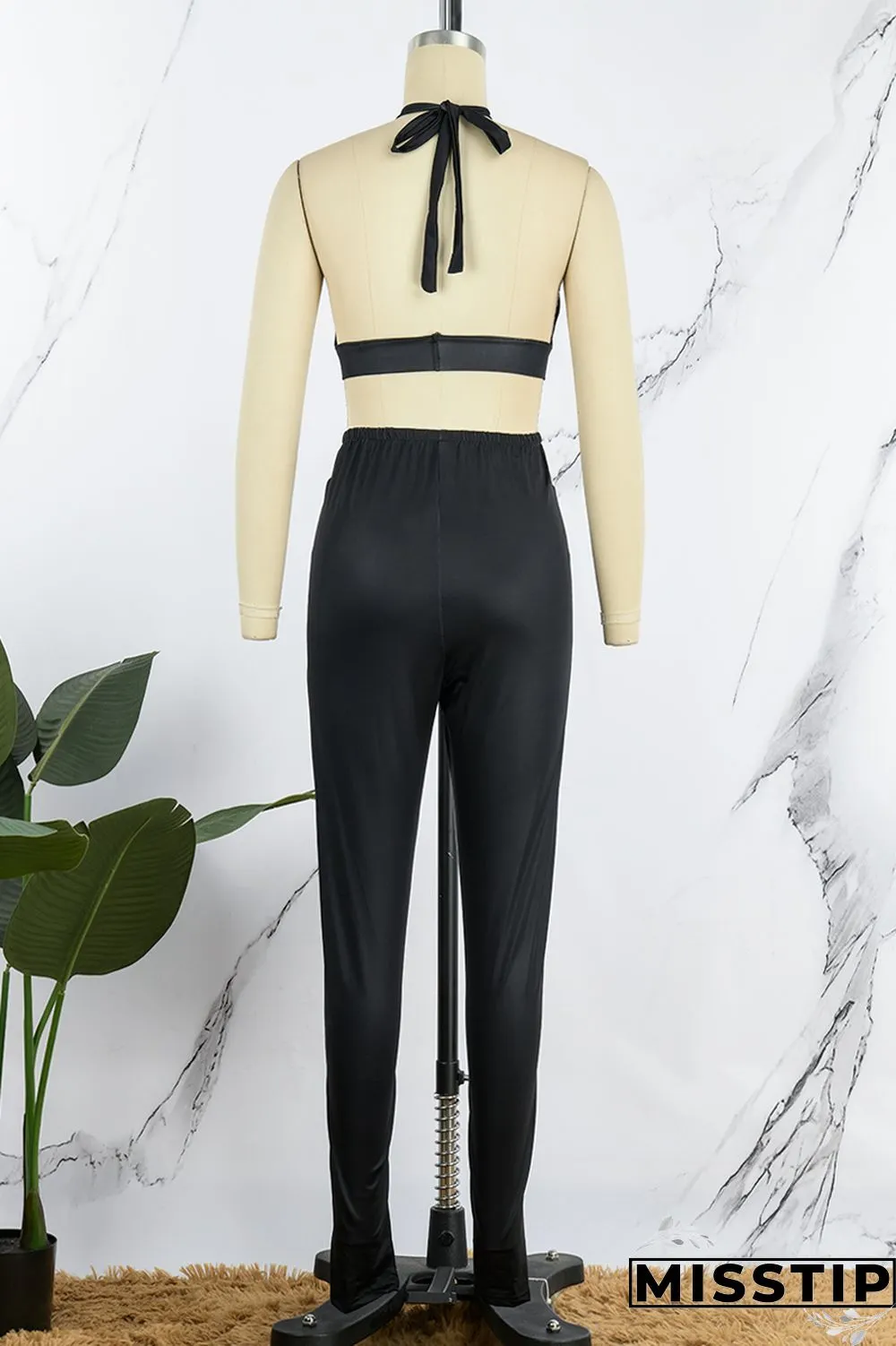 Olive Green Sexy Patchwork Hollowed Out Backless Contrast Halter Sleeveless Two Pieces