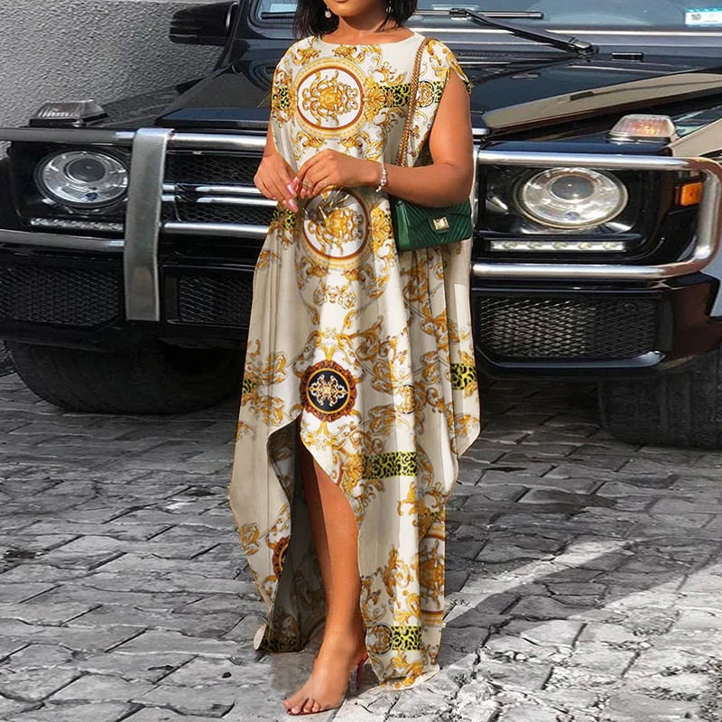 VONDA Bohemian Summer Maxi Dress 2022 Women Vintage Floral Print Satin Dresses Sexy Sleeveless Irregular Hem Vestidos Oversized