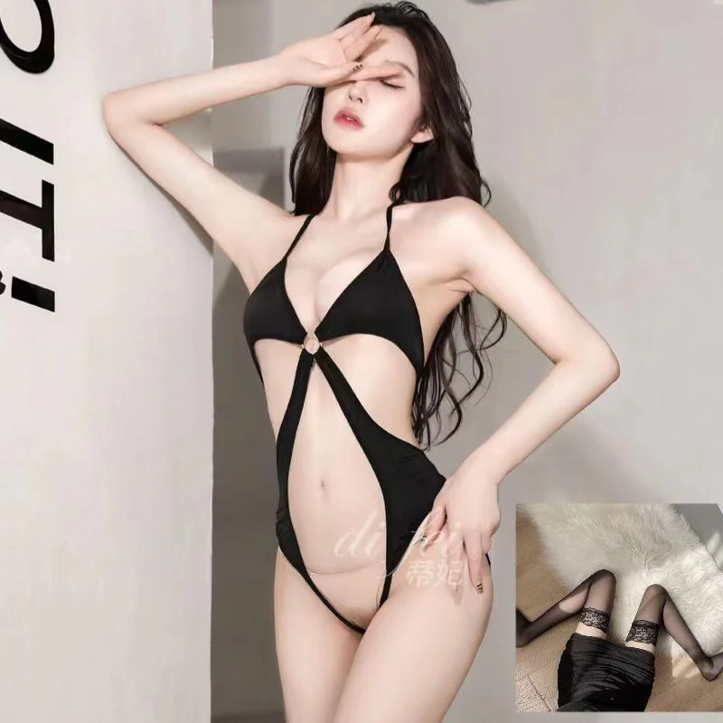 Uveng Night Swearing Lingerie Sexy Tights Small Breast Hanging Neck Cross Strap Open Back Joint Socks Set