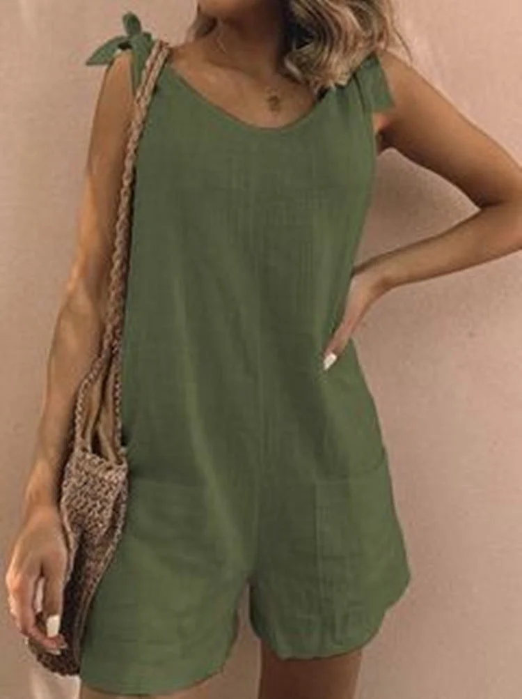 Uveng Solid Color High Waist Cotton Linen Pocket Fashion Jumpsuit