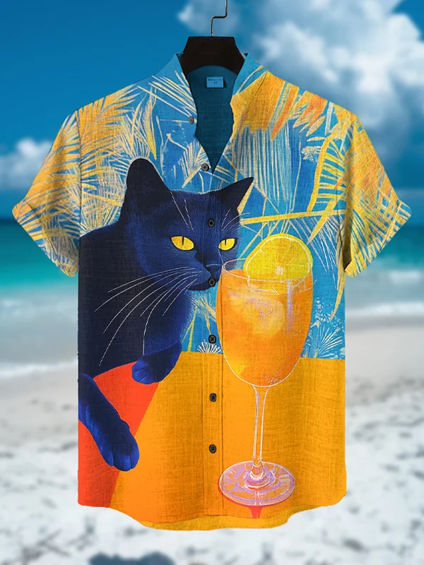 Men's Black Cat Wants To Drink Juice Holiday Art Print Casual Shirt