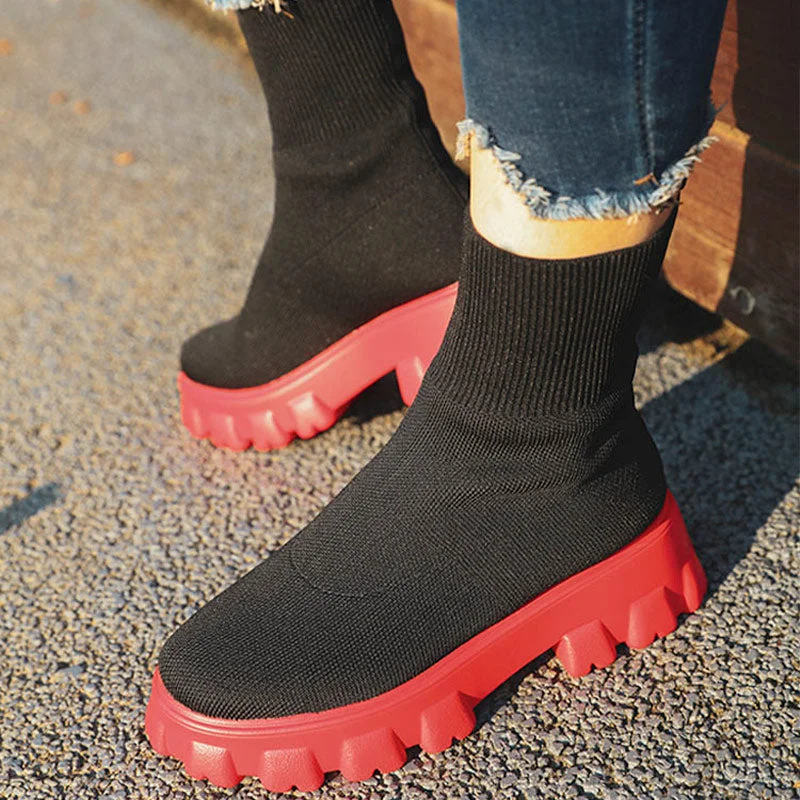 Women Ankle Boots Thick Bottom Knitted Woman Sock Shoes Elastic Fabric Fashion Female Short Boot Autumn Ladies Footwear 2021 New