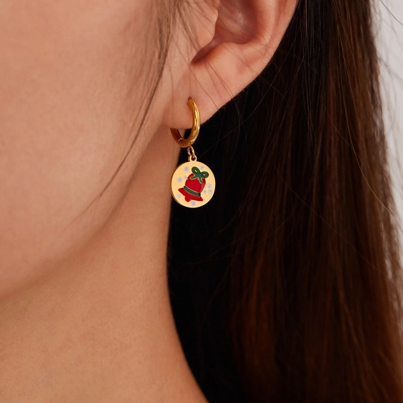 1 Pair Christmas IG Style Cute Christmas House Christmas Tree Bell Enamel Plating 304 Stainless Steel 18K Gold Plated Drop Earrings
