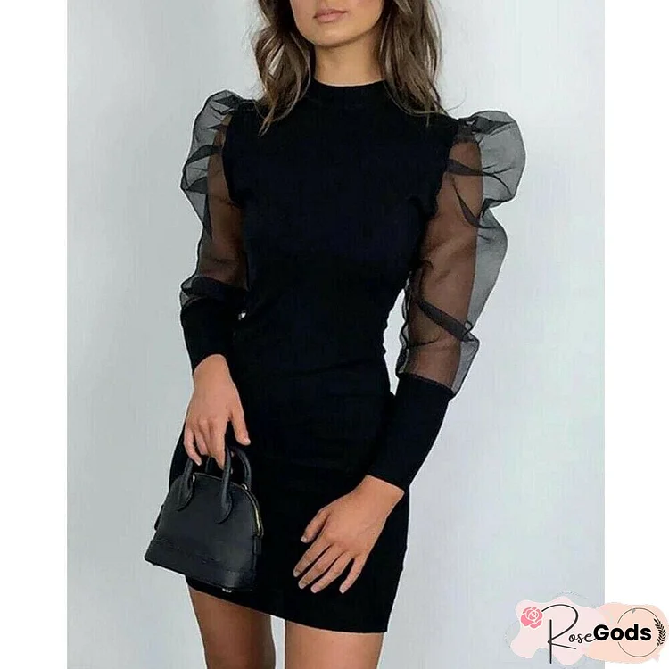 New Women Winter Mesh Sheer Puff Sleeve Bodycon Dress Ladies Party Club Knitted Sweater Jumper Tops Stretch Dress