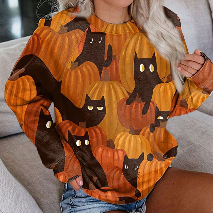 Pumpkin Black Cat Print Crew Neck Sweatshirt