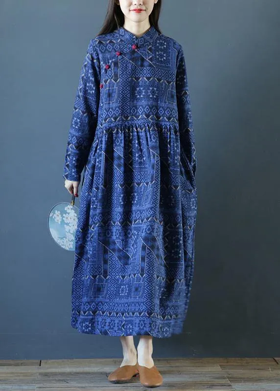 DIY stand collar Cinched fall dresses Outfits blue print long Dresses