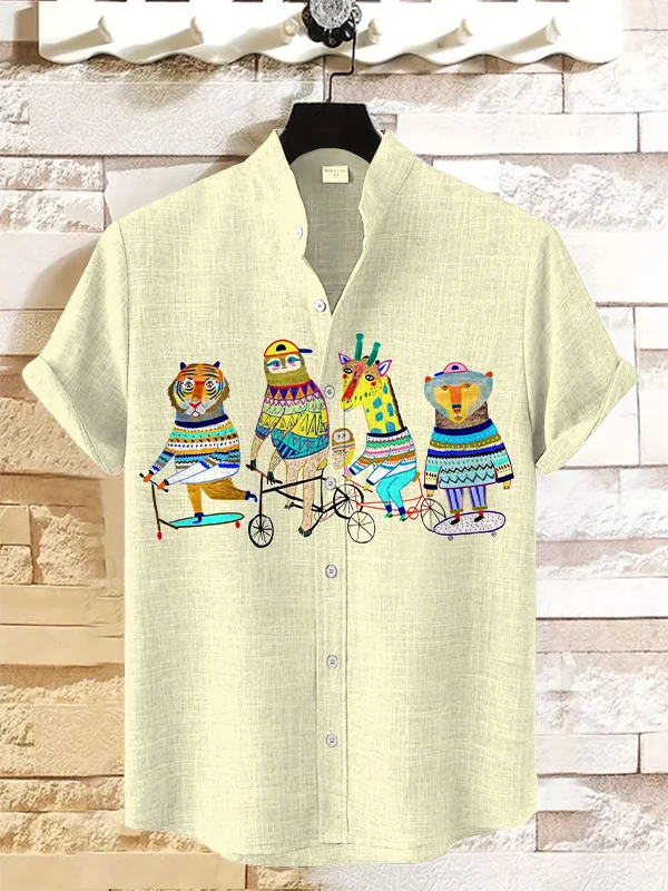Men's Cool Animals Art Print Linen Blend Shirt