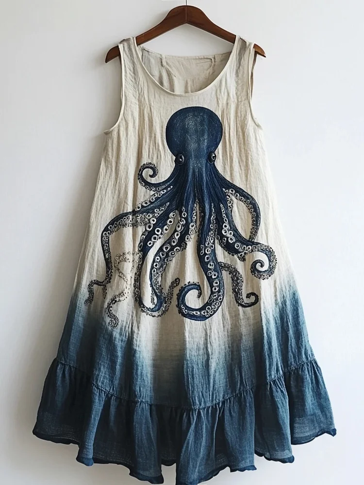 Vintage Octopus Pattern Linen Blend Tie-dye Dress