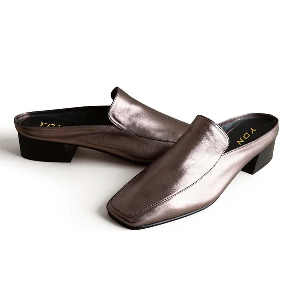 Saddle Brown Square Toe Loafer Style Block Heel Mules Shoes