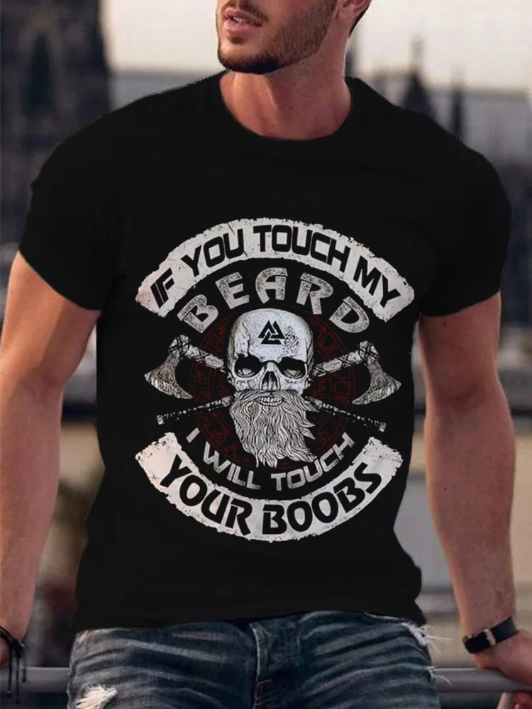 Men's Viking Beard Skull Runes Round Neck T Shirt