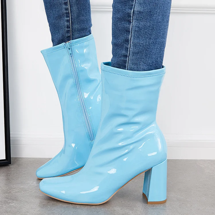 Patent Leather Ankle Boots Square Toe Chunky Heel Booties