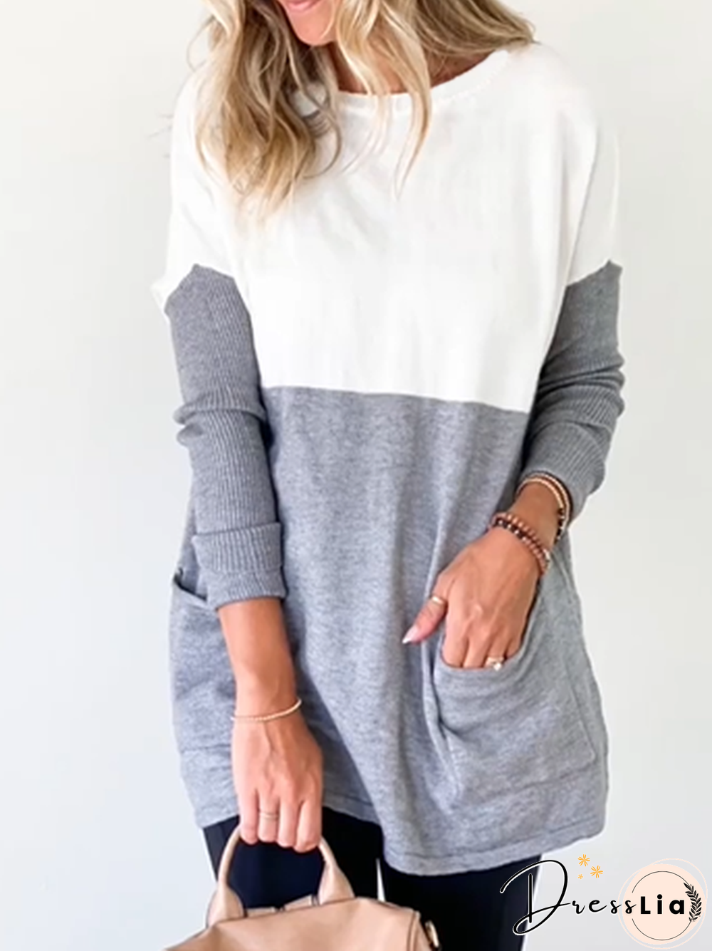 Casual Color Block Autumn Micro-Elasticity Daily Loose Crew Neck Mid-long Regular Tops for Women