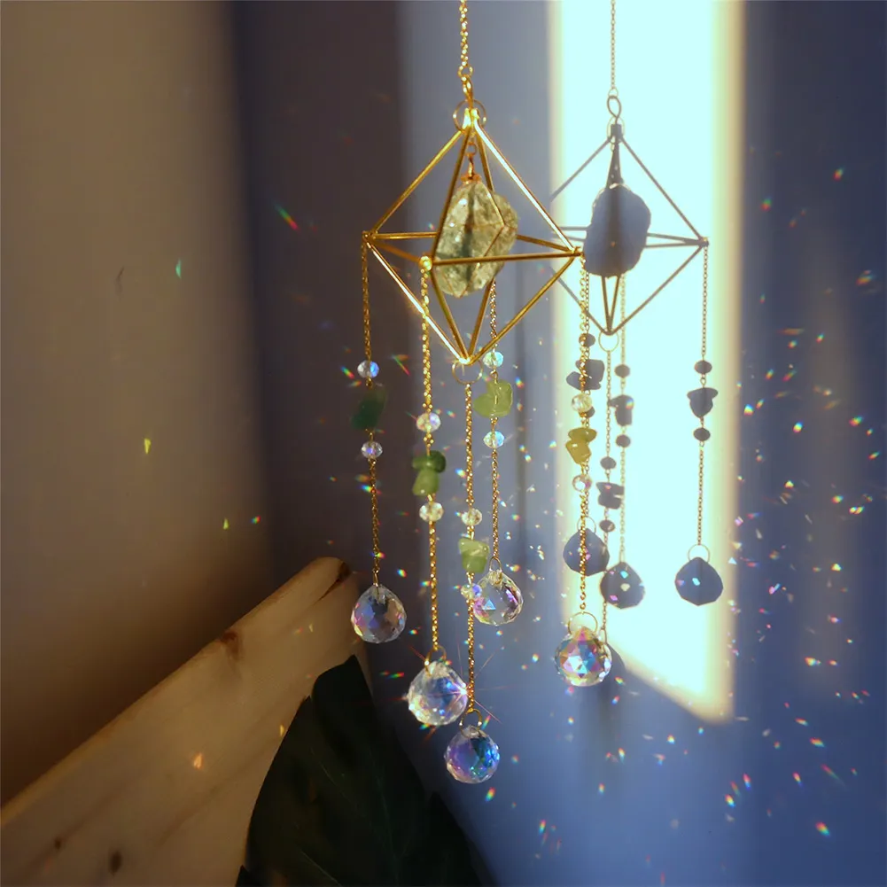 Crystal Wind Chimes Natural Stone Prism Light Catcher Garden Decor (Green)