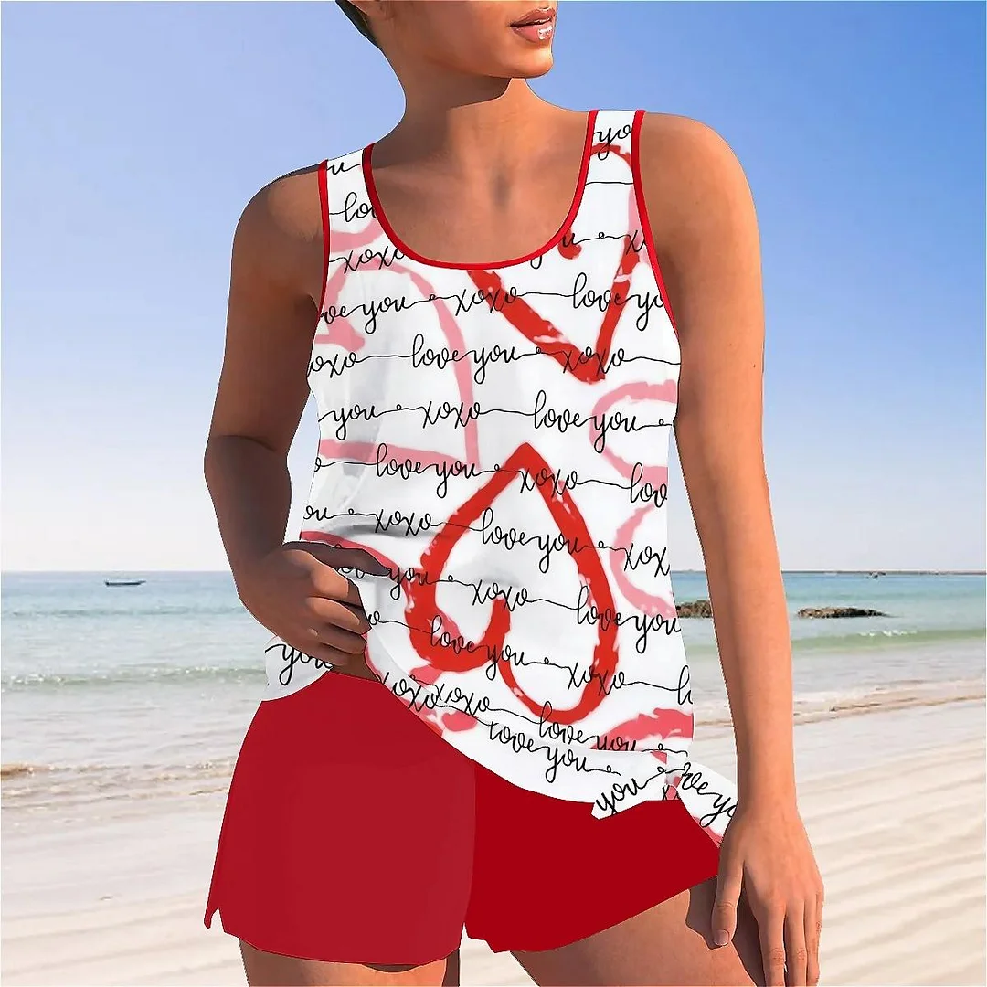 Bowknot Heart,Love,Valentine's Day Mid Waisted Tankini Set - Plus Size Available