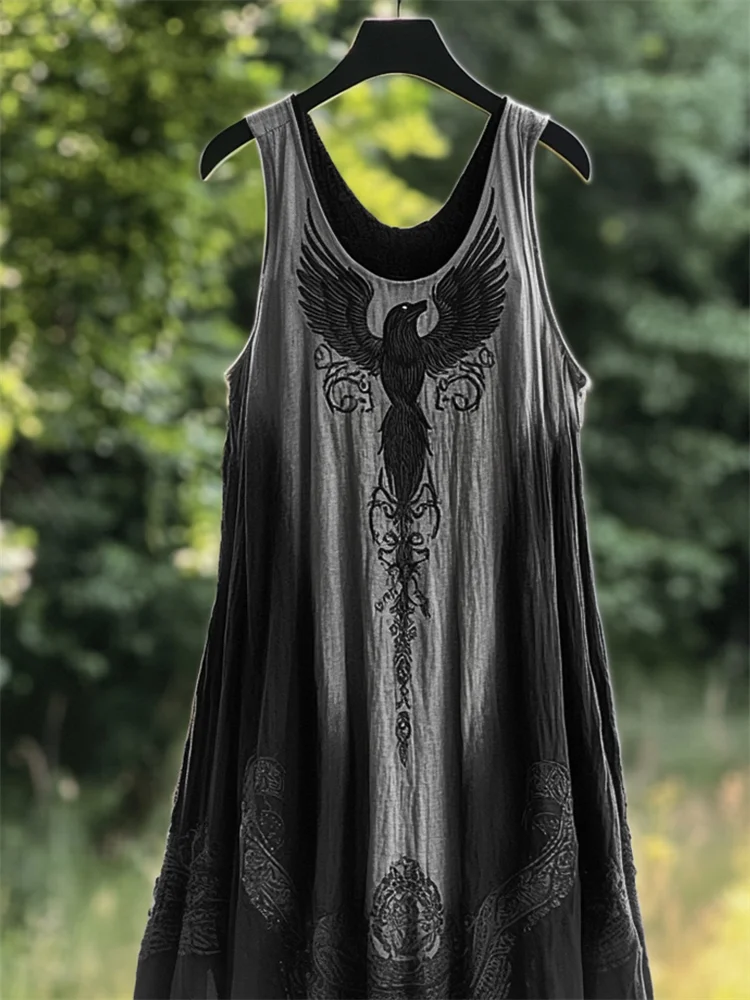 Viking Raven Celtic Mystical Gradient Linen Tank Maxi Dress