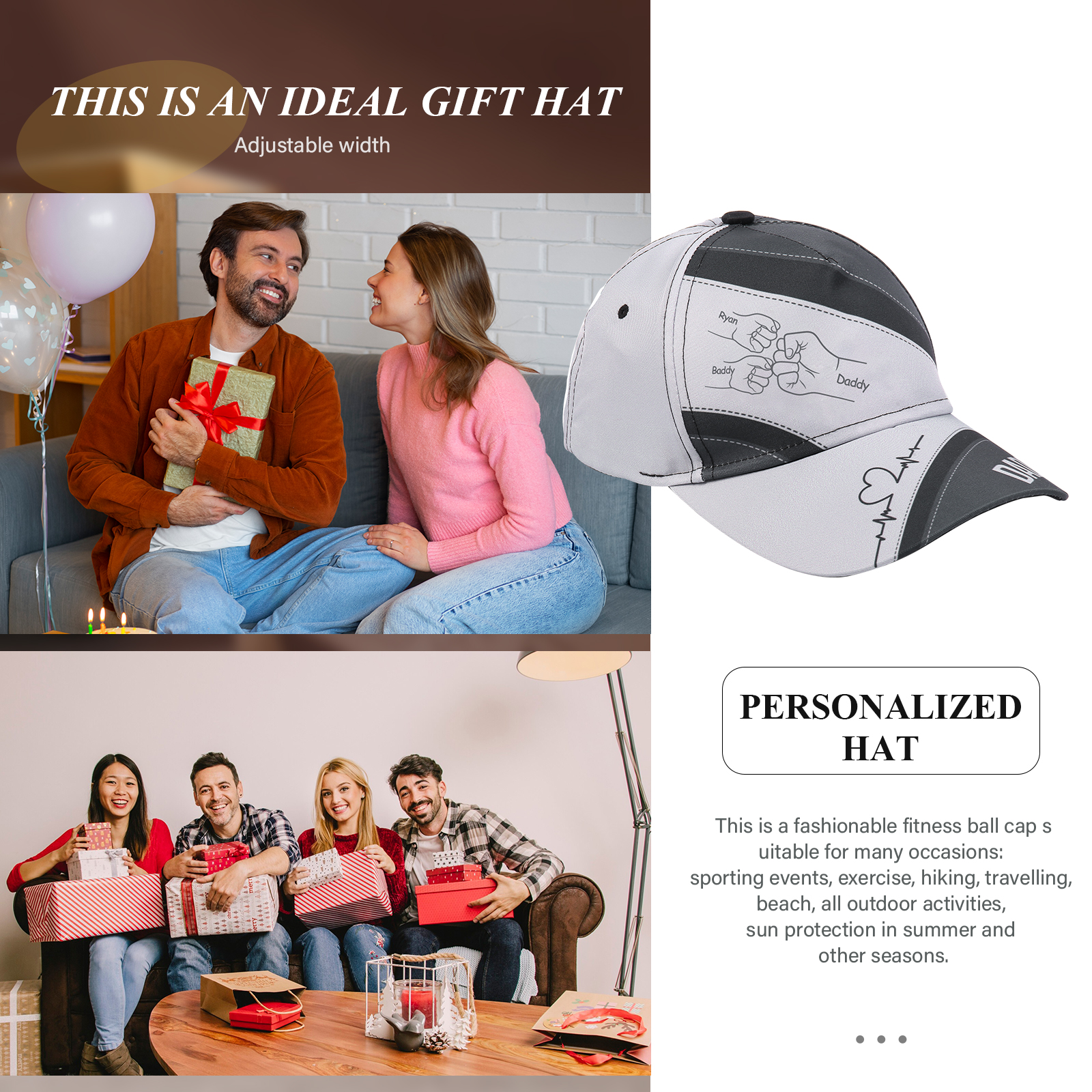 Personalised Fist Bump Classical Baseball Cap Custom 3 Names & 1 Text Snapback Adjustable Gift for Dad/Grandpa/Husband-Jessemade AU