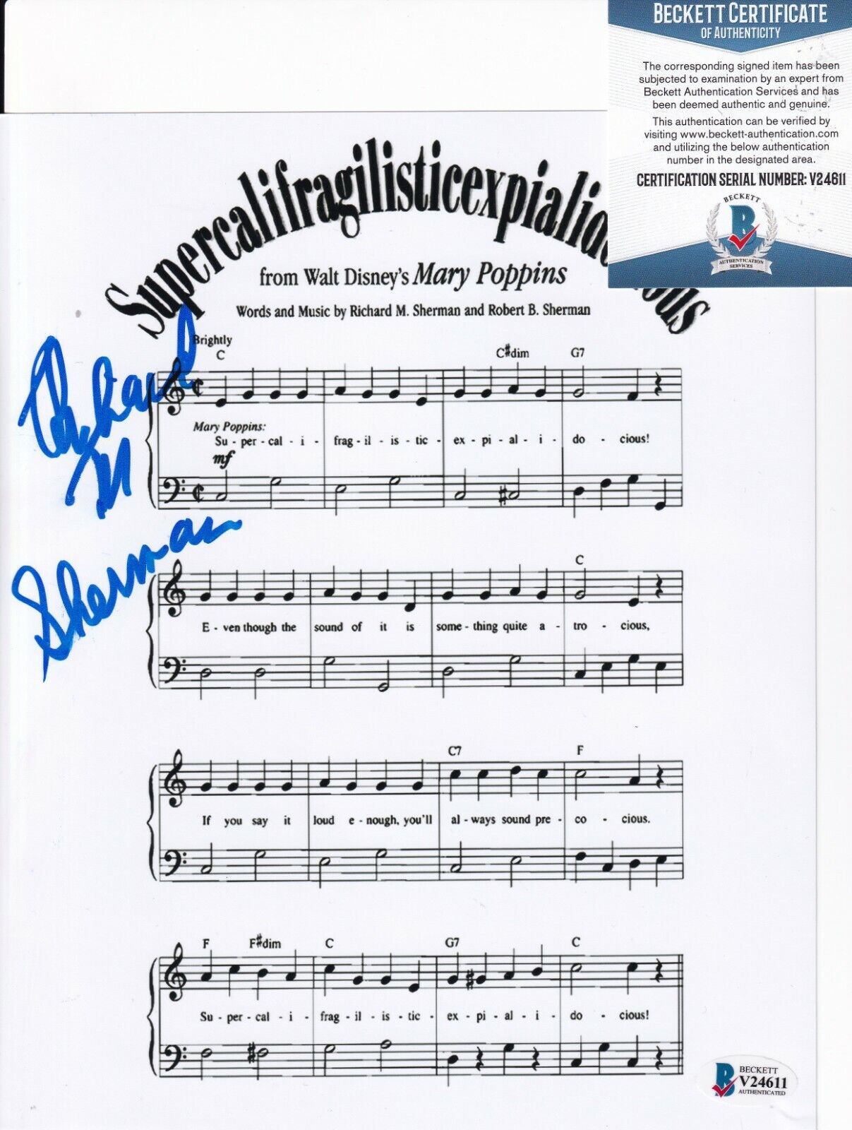 RICHARD SHERMAN signed (MARRY POPPINS) SHEET Music 8X10 Photo Poster painting BECKETT V24611