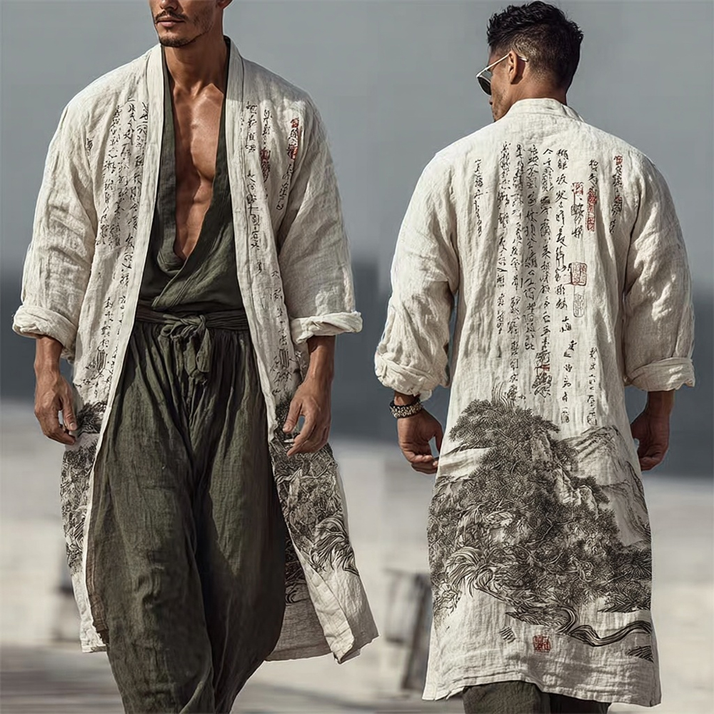 Men's Japanese Landscape Calligraphy Art Flowy Linen Long Kimono  artssus