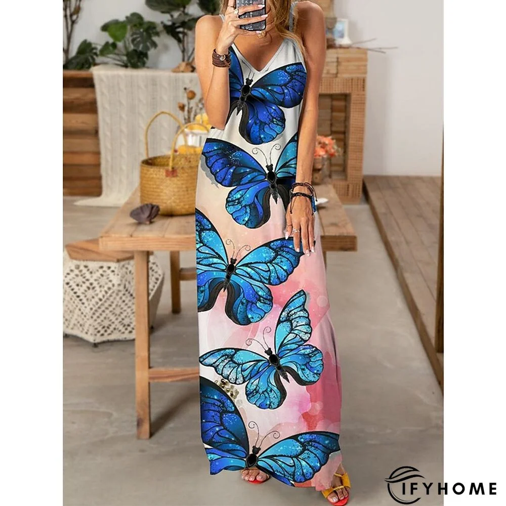 Women's Long Dress Maxi Dress Casual Dress Slip Dress Print Dress Animal Butterfly Casual Outdoor Daily Beach Backless Print Sleeveless V Neck Dress Regular Fit Pink Royal Blue Blue Spring Summer S M | IFYHOME