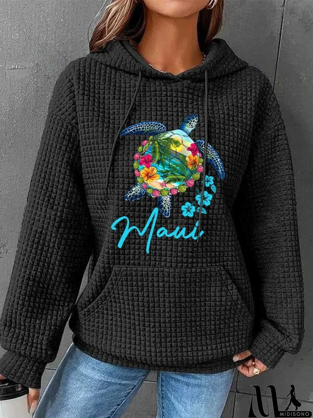 MidiSono - Women's Maui Sea Turtle Print Waffle Hoodie