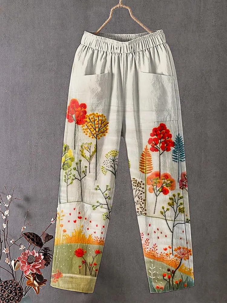 Women's Vintage Floral Art Printed Cotton And Linen Casual Pants