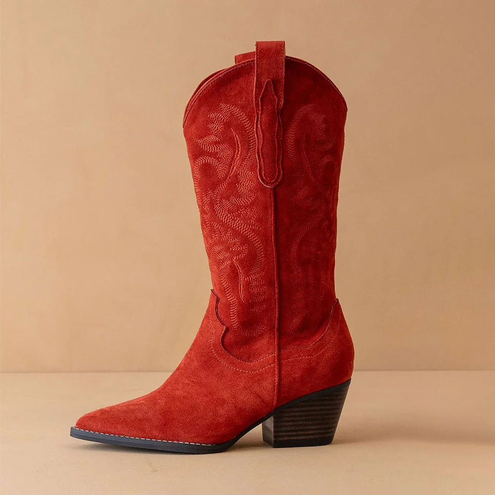 Red Vegan Suede Pointed Toe Chunky Heel Embroidered Cowgirl Boots