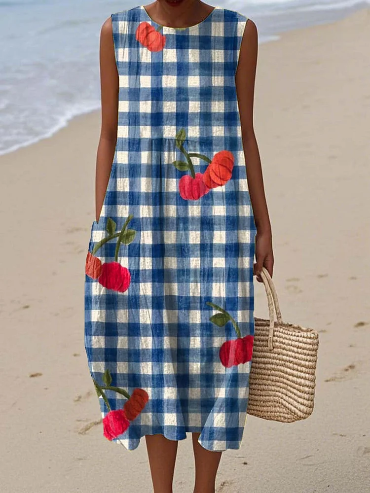 Women's Vintage Cherry Plaid Pattern Art Print Sleeveless Cotton Pocket Wrap Dress