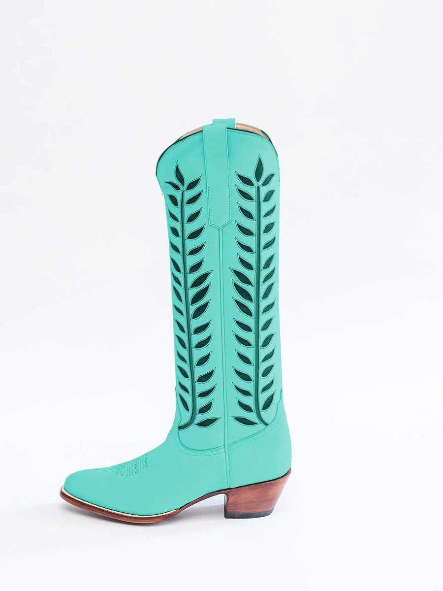 Turquoise Pointed Toe Green Leaves Knee High Cowboy Boots for Women