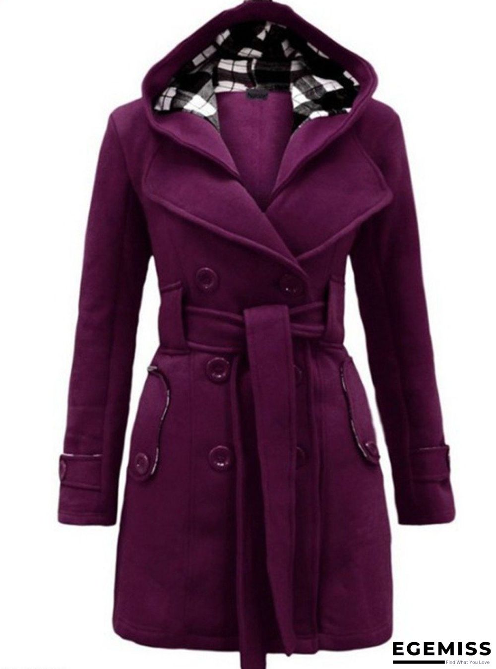 Checked Hooded Woolen Coat With Long Belt | EGEMISS
